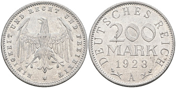 Германия 200 марок 1923 A KM 35, J. 304, Weege 22 алюминий UNC 4586-245