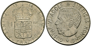 Швеция 1 крона 1966 U, Густав VI Адольф (1950-1973) KM 826 серебро 4177-1021