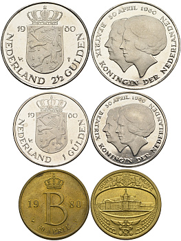 Нидерланды набор из 2 монет + жетон мондвора 1980 30 апреля 1980, коробка, сертификат медно-никель UNC 7-5-1-24