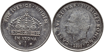 Швеция 1 крона 2003 Карл XVI Густав (1973- ) KM 894 медно-никель 4380-635
