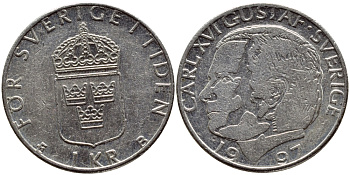 Швеция 1 крона 1997 Карл XVI Густав (1973- ) KM 852a медно-никель 4382-1222