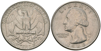 США 25 центов = квотер 1988 P, Вашингтон KM 164a медь плакированная медно-никелем 4595-1233