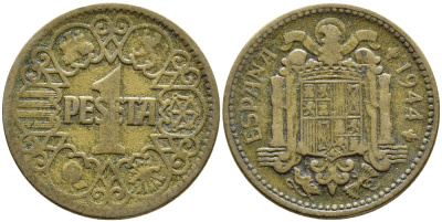 ИСПАНИЯ 1 ПЕСЕТА 1944 НАЦИОНАЛЬНОЕ ПРАВИТЕЛЬСТВО (1939-1947) KM 767 алюминиевая бронза 4393-222