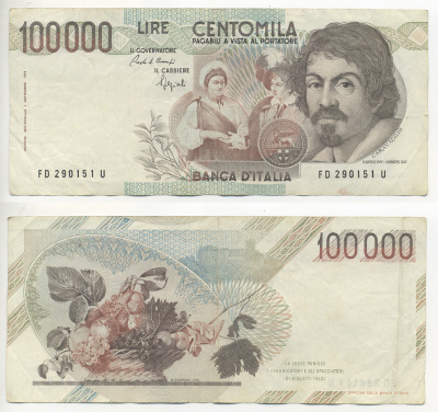 Италия 100000 лир 1983 Караваджо, фруктовый букет, подпись Speziali Pick 110b бумага 7220-18-1