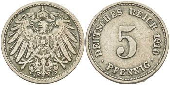 Германия 5 пфеннигов 1910 A KM 11, J. 12 медно-никель 105-143