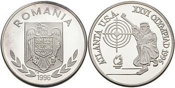 Румыния 100 леев 1996 XXVI Олимпийские игры 1996 года в Атланте, 100 лет Олимпийскому движению, стрельба, пробный выпуск, пифорт KM PnE 326 A серебро  PROOF  1525-1314
