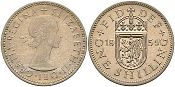 Великобритания 1 шиллинг 1954 Елизавета II (1952-2022), Шотландский герб KM 905, Spink 4148 медно-никель 4591-645