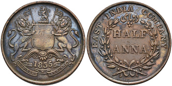 Британская Индия 1/2 анна 1835 M, Британская Ост-Индская компания, Мадрас, диаметр 30,8 мм. KM 447.1 медь 88-943