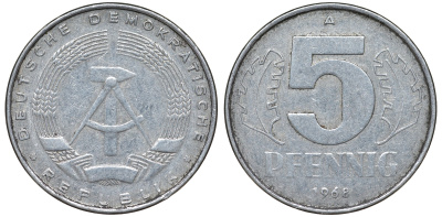 ГДР 5 ПФЕННИГОВ 1968 A KM 9.1 алюминий 62-153