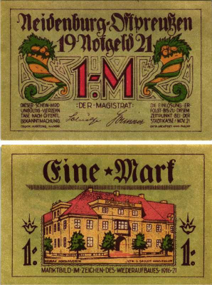 НАЙДЕНБУРГ 1 МАРКА 1921 НОТГЕЛЬД, НОЯБРЬ 1921, ЗЕМЛЯ СИЛЕЗИЯ (ПОЛЬША) Grabowski 932.4 бумага 7116-31-3-2