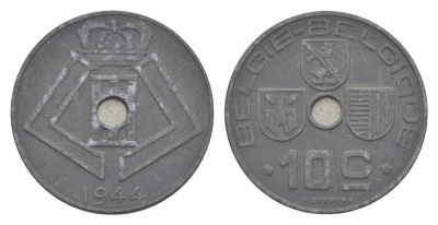 Бельгия 10 сантимов 1944 Belgie - Belgique, Леопольд III (1934-1947), германская оккупация, Вторая мировая война KM 126 цинк 4639-122