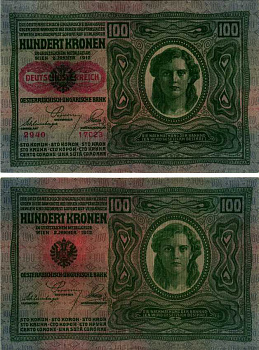 Австрия 100 крон 1912 (1919) красная надпечатка на Pick 12, на аверсе Pick 56 a бумага 6312-68-1-2