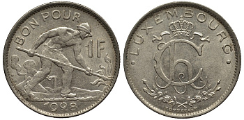 ЛЮКСЕМБУРГ 1 ФРАНК 1928 СТАЛЕВАР, ДИАМЕТР 22,8 ММ., ВЕЛИКАЯ ГЕРЦОГИНЯ ШАРЛОТТА (1919-1964) KM 35 никель 4538-912