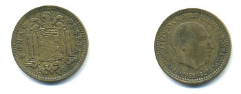 ИСПАНИЯ 1 ПЕСЕТА 1953 (63) ФРАНСИСКО ФРАНКО ДИКТАТОР ИСПАНИИ (1939-1975) KM 775 алюминиевая бронза 80-1111