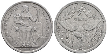 Французская Новая Каледония 2 франка 1977 птица кагу, (IEOM) KM 14, Schoen 11, Lec 58 алюминий    08-841