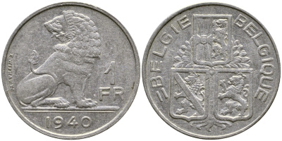 БЕЛЬГИЯ 1 ФРАНК 1940 BELGIE-BELGIQUE KM 120 никель 4383-352