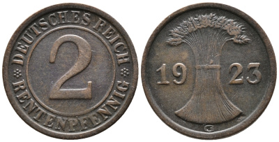 ГЕРМАНИЯ 2 РЕНТЕНПФЕННИГА 1923 G KM 31, J. 307 бронза 24-356