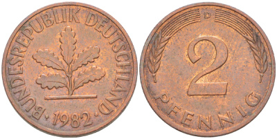 ФРГ 2 ПФЕННИГА 1982 D KM 106а, J. 381а сталь плакированная сталь плакированная медьюю 4181-845