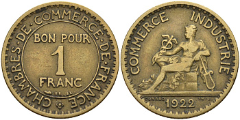 Франция 1 франк 1922 KM 876, Le Franc 218.5 алюминиевая бронза 4142-644