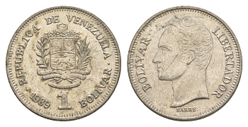 Венесуэла 1 боливар 1989 Симон Боливар, тонкий шрифт Y 52a.1 сталь плакированная никелем 4591-117