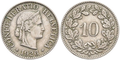 ШВЕЙЦАРИЯ 10 РАППЕНОВ 1926 В KM 27 медно-никель 3309-368