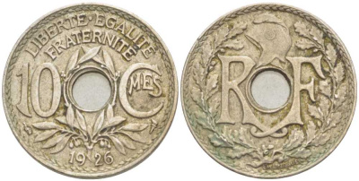 ФРАНЦИЯ 10 САНТИМОВ 1926 ТИП ЛИНДАЙЁ KM 866а, LE FRANC 138.13 медно-никель 175-317