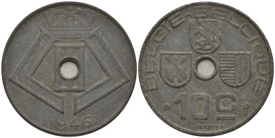 Бельгия 10 сантимов 1946 Belgie - Belgique, Леопольд III (1934-1947), германская оккупация, Вторая мировая война KM 126 цинк 4161-355