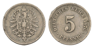 Германия 5 пфеннигов 1876 J, Вильгельм I (1871-1888) KM 3, J. 3 медно-никель 4615-131