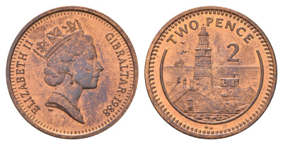 Гибралтар 2 пенса 1988 KM 21 бронза UNC 4666-255