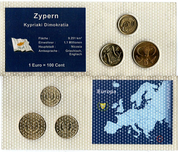 Кипр набор из 3 монет (1, 2 и 5 центов) 2003 и 2004 в красочной упаковке с информацией о стране KM 53.3, 54.3 и 55.3 никель латунь UNC 5-4-1-128