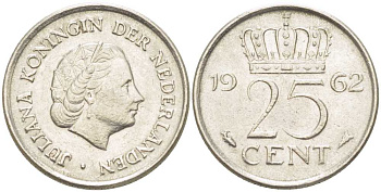 НИДЕРЛАНДЫ 25 ЦЕНТОВ 1962 ЮЛИАНА (1948-1980) KM 183 никель 214-935