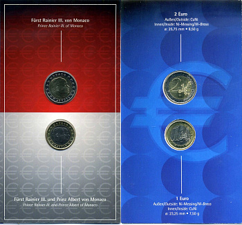 Монако набор из 2 монет 2001 1 и 2 евро, Князь Монако Ранье III, запайка, оригинальный буклет KM 173, 174 биметалл UNC 3-4-8-75