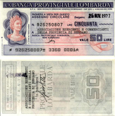 Италия 50 лир 1977 25 ноября 1977 La Banca provinciale lombarda бумага UNC (пресс) 7221-80-3-2