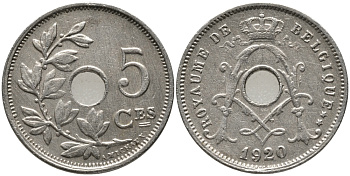 БЕЛЬГИЯ 5 САНТИМОВ 1920 BELGIQUE KM 66 медно-никель 76-514