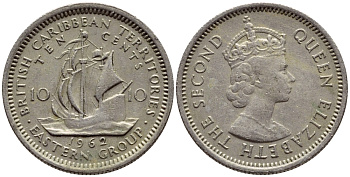 Британские Восточно-Карибские территории 10 центов 1962 Елизавета II (1952-2022), парусник KM 5 медно-никель 4387-1033