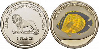 Конго 5 франков 2005 защита дикой природы, рыба бабочка, галограмма KM 179 медно-никель BUNC 1071-10-22
