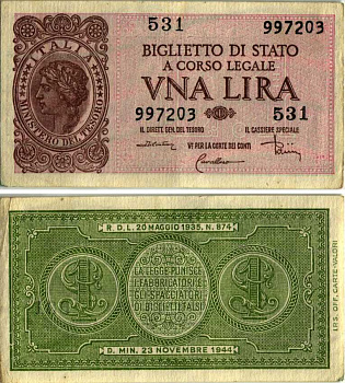 Италия 1 лира 1944 23 ноября 1944, подпись Dicristina Pick 29с бумага 7183-15-1-2
