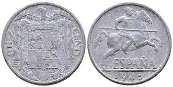 ИСПАНИЯ 10 СЕНТИМО 1945 РЫЦАРЬ НА КОНЕ KM 766 алюминий 08-1126