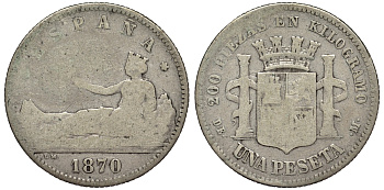 Испания 1 песета 1870 (73) DE-M KM 653 (Y-58) серебро 1527-1313