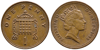 Великобритания 1 пенни 1988 Елизавета II (1952-2022) KM 935, Spink 4381 (B3) бронза 56-1055