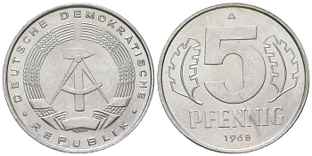 ГДР 5 пфеннигов 1968 A KM 9.1 алюминий 4164-531