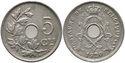 БЕЛЬГИЯ 5 САНТИМОВ 1920 BELGIQUE KM 66 медно-никель 76-514