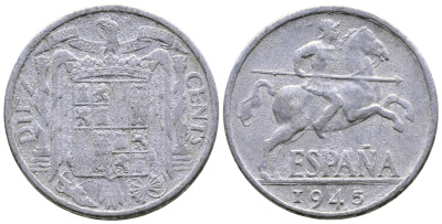 ИСПАНИЯ 10 СЕНТИМО 1945 РЫЦАРЬ НА КОНЕ KM 766 алюминий 08-1126