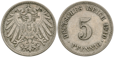 Германия 5 пфеннигов 1910 F KM 11, Jager 12, Weege 6 медно-никель 4608-939