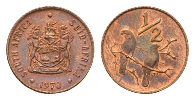 ЮАР 1/2 цента 1970 два капских воробья на ветке KM 81 бронза UNC 4690-1136