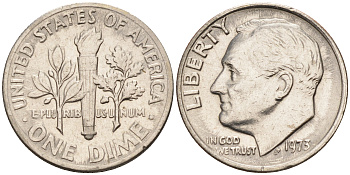 США 10 центов = дайм 1973 Рузвельт KM 195а медь плакированная медно-никелем    4115-354