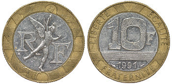 Франция 10 франков 1991 тип гений Бастилии KM 964.1, Le Frank 375.6 биметалл 45-845