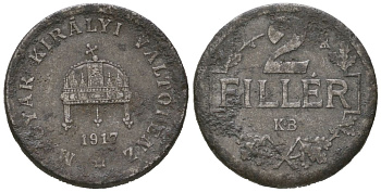Венгрия 2 филлера 1917 KB, Карл I (1916-1918) KM 497 железо 4615-445