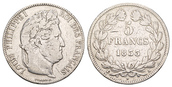 Франция 5 франков 1833 A, Луи-Филипп I (1830-1848) KM 749.1 серебро 1520-914