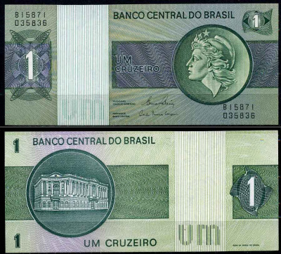 Бразилия 1 крузейро ND (1980) серия В 15871, подпись 20, голова свободы, здание Центрального банка Pick 191 Ac бумага UNC (пресс) 2197-49-2-1